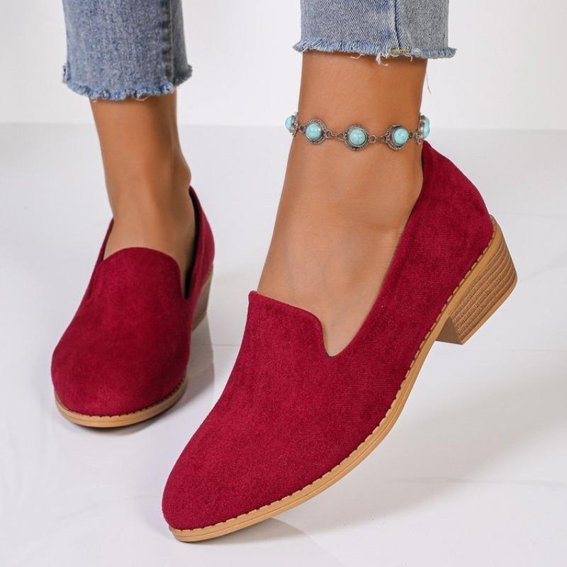 Women Autumn Velvet Pointed Toe Chunky Heel Loafers Comfortable Casual Single Shoes Plus Size 43