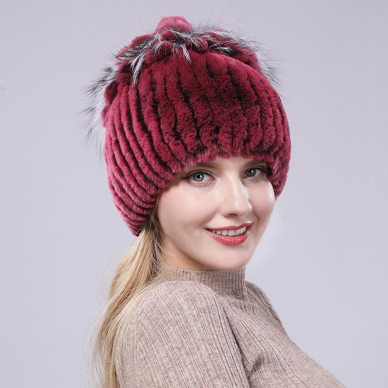 New Rex Rabbit Hair Hat Women's Winter Thickened Warm Fashion Versatile Elastic Fur Woven Hand-sewn Knitted Hat