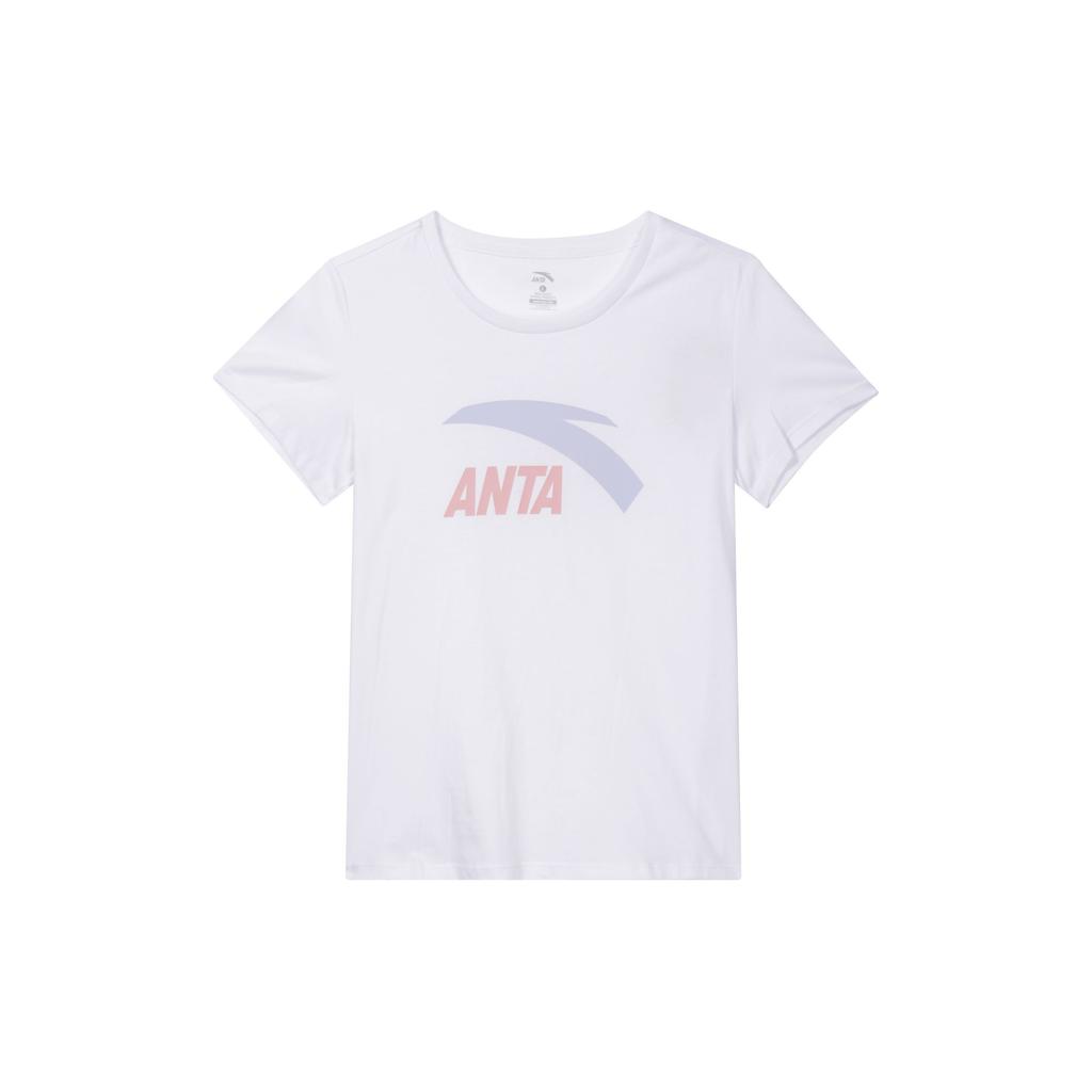 Anta Letter Logo Print Round Neck Short Sleeve T-Shirt Women T-Shirts Pure-White 962428119-4