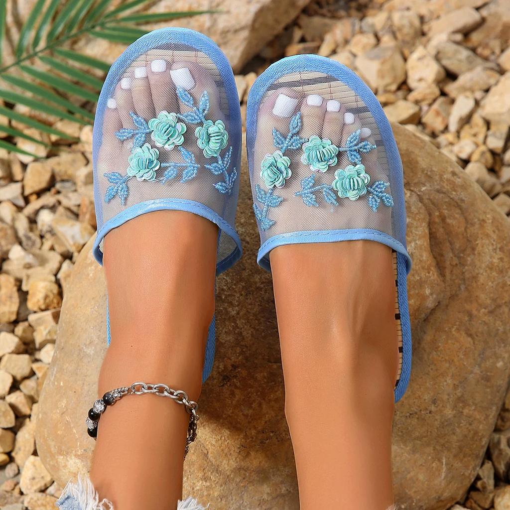 Embroidered Beaded Silk Mesh Slippers for Home and Indoor, Light, Comfortable and Retro Slippers Women