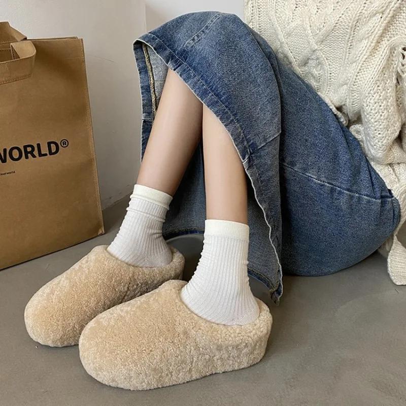 Women Winter Thick Sole Warm Fluffy Slippers Fashion Cozy Indoor House Slides Woman Increase Non Slip Plush Warm Cotton Slippers