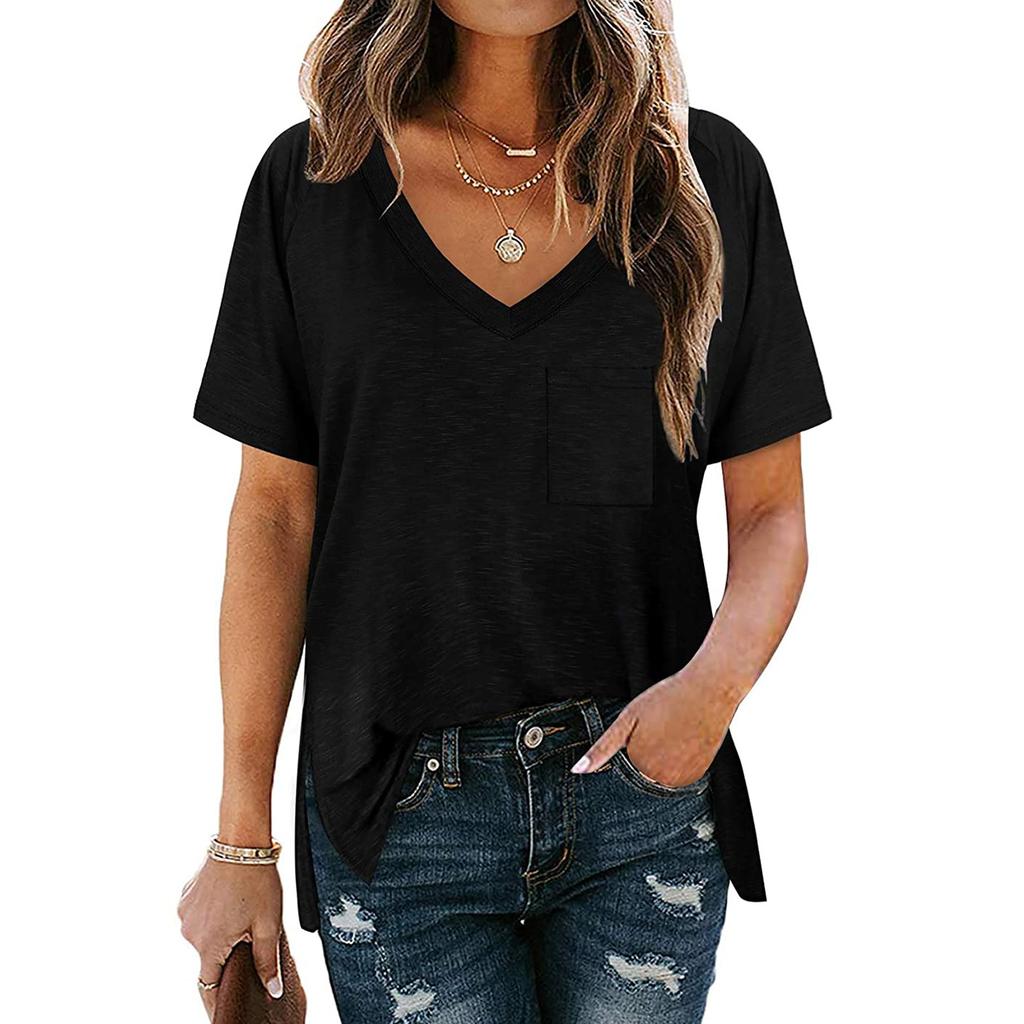 Women's Fashion Casual V-Neck Solid Color Flowy Loose Short-Sleeved T Shirt Top