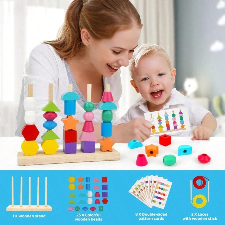 Montessori Toys For 2 3 4 Year Old Kid Boy Girl Toddler Montessori Wooden Beads Sequencing Toy Set Lacing Beads Stacking Block Matching Shape Stacker