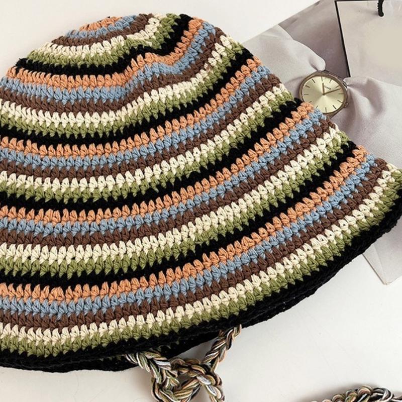 Summer Fisherman Hat for Woman Weaving Bucket Hat Crochet Stripe Pattern Cap