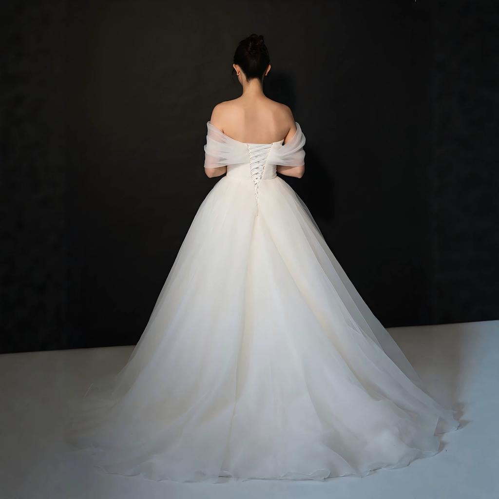 Korean Simple Organza One-word Shoulder White Wedding Dress Tube Top Thin Covering Arms Bride Wedding Trailing Dress Skirt