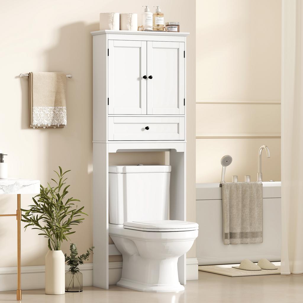 Toilet Storage Unit, Bathroom Cabinet, 2 Doors, Drawer, Adjustable Shelf, White
