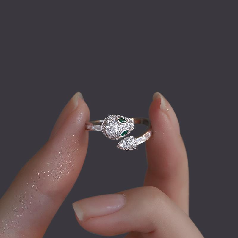 Snake Copper Fashionable Ring For Women Adjustable Size Intricate Rhinestone Embellishments Green Eyes