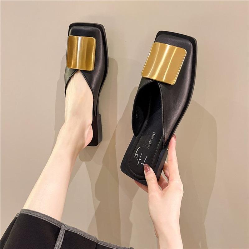 Fashion Women's Slippers Fashion Metal Buckle Mules for Women Shallow Flat Heels Shoes Outdoor Slides Square Toe Female Casual Sandals