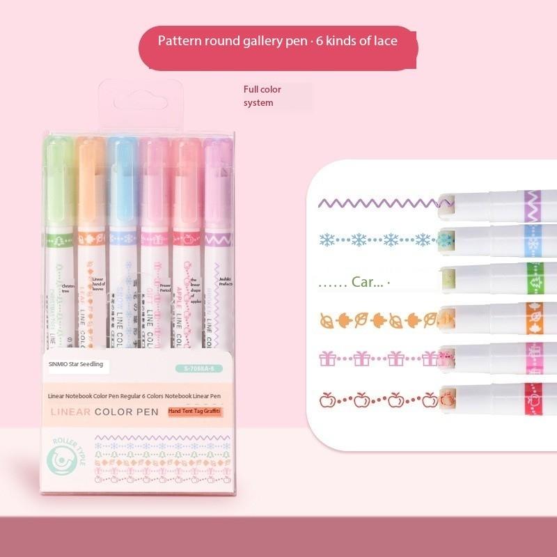 6pcs Line Shaped Highlighter Roller Tip Curve Liner Marker Pens Graffiti Pen Kawaii Korean Stationery School Office Supplies