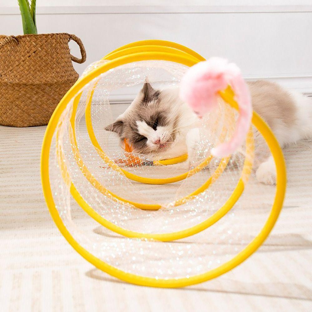 Steel Wire+Elastic Mesh Folded Cat Tunnel With Bell Breathable Cat Spring Toy S Type Training Interactive Cat Collapsible Tunnel