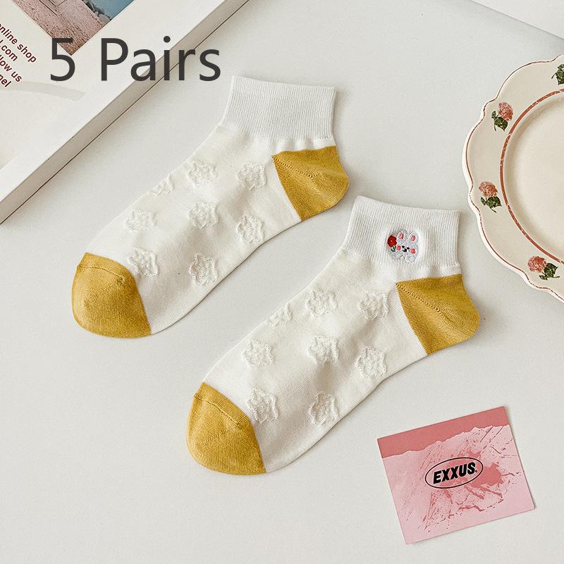 5 Pairs of Women's Pure Color Spring Summer Thin Embroidered Short Tube Boat Socks