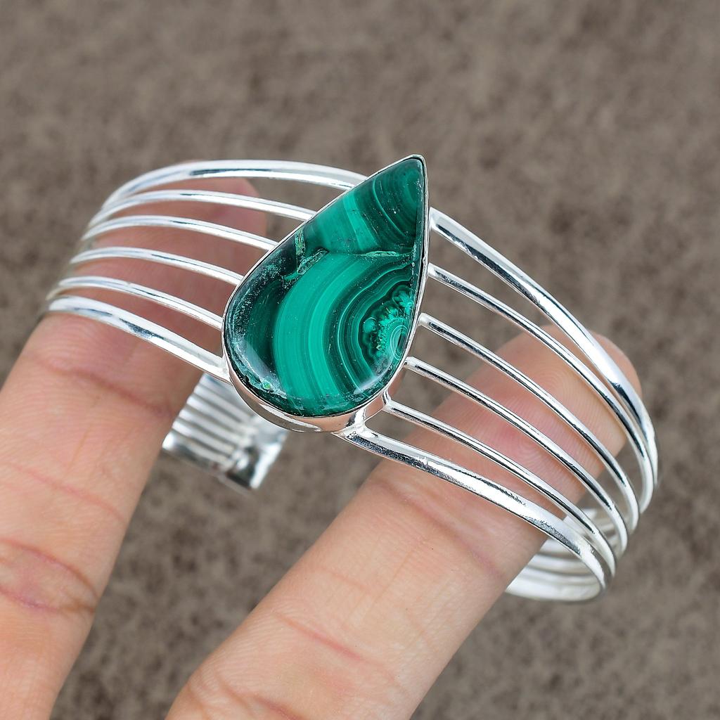 Malachite Gemstone Handmade 925 Sterling Silver Cuff Bangle Adjustable KKG-173