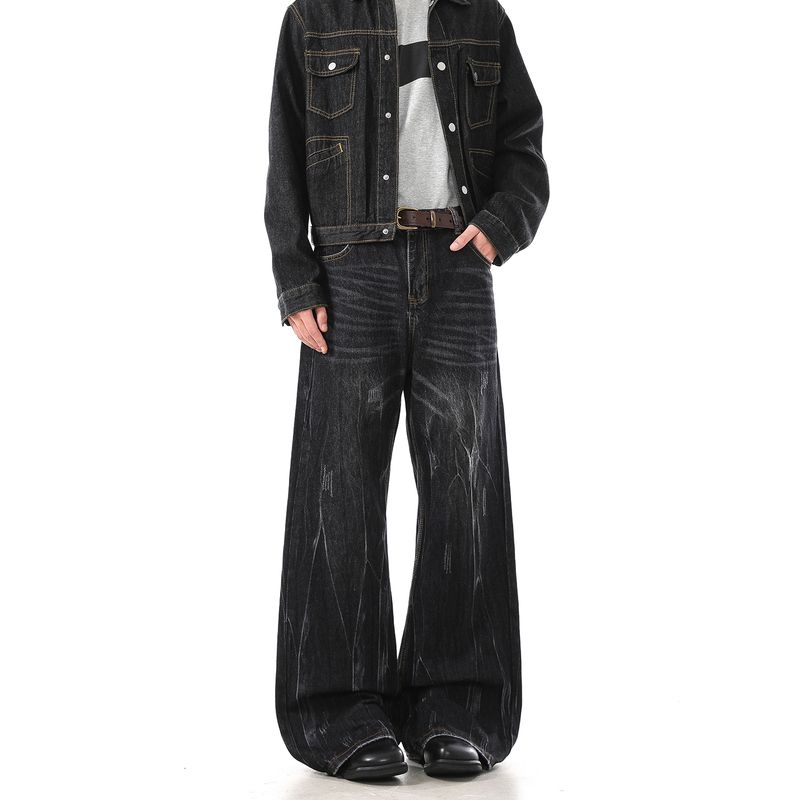 

Dream Made American-Style High-End Lightning Pattern Jeans for Men, Autumn and Winter Straight-Leg Slightly Flared Pants for Boys Black 2XL