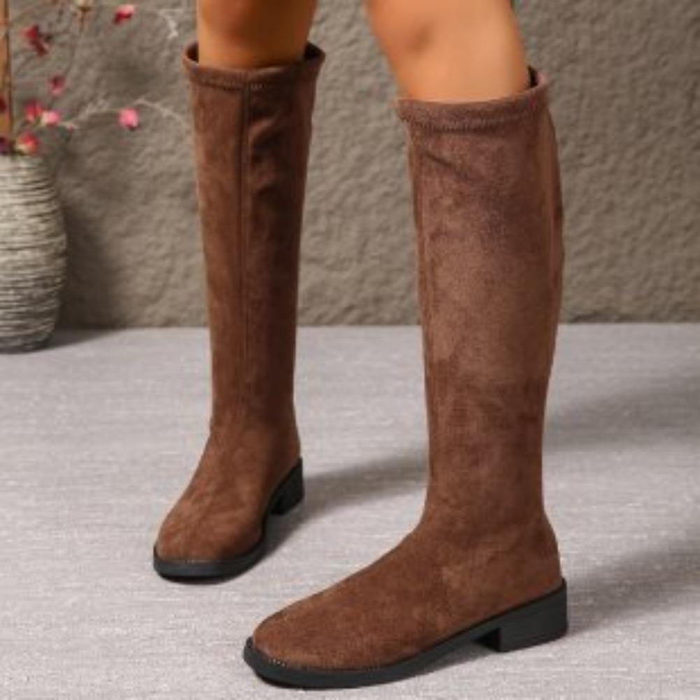 Damskie Modne Kozaki Wiosna i Jesień Nowy Styl Okrągły Nosek Tylny Zamek Kozaki do Kolana Kobiety Szyte Wysokie Kozaki