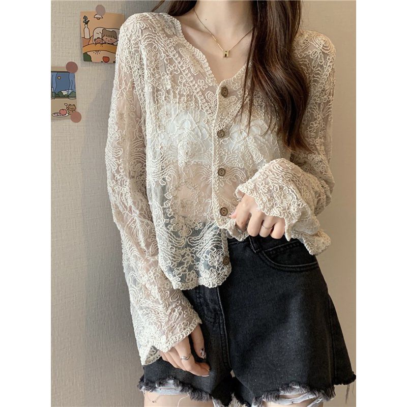 K-style Spring/Summer New Arrival V-neck Single Breasted White See-through Super Fairy Sun Protection Clothing Thin Blouse Lace Shirt Shawl for Women