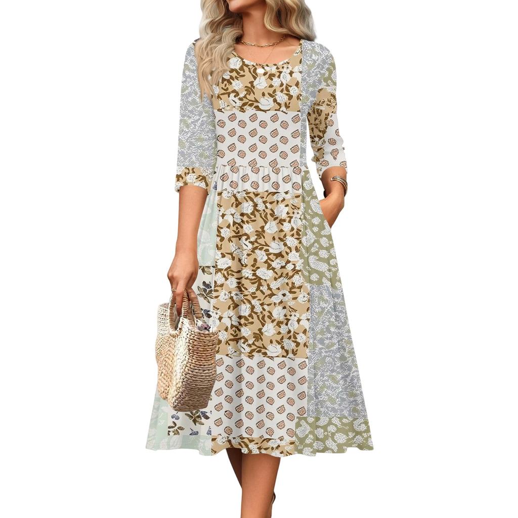 Dámské šaty s 3/4 rukávem, ležérní, splývavé, áčkového střihu, midi tričkové šaty s kapsami, kulatý výstřih, na dovolenou, boho, plážové letní šaty