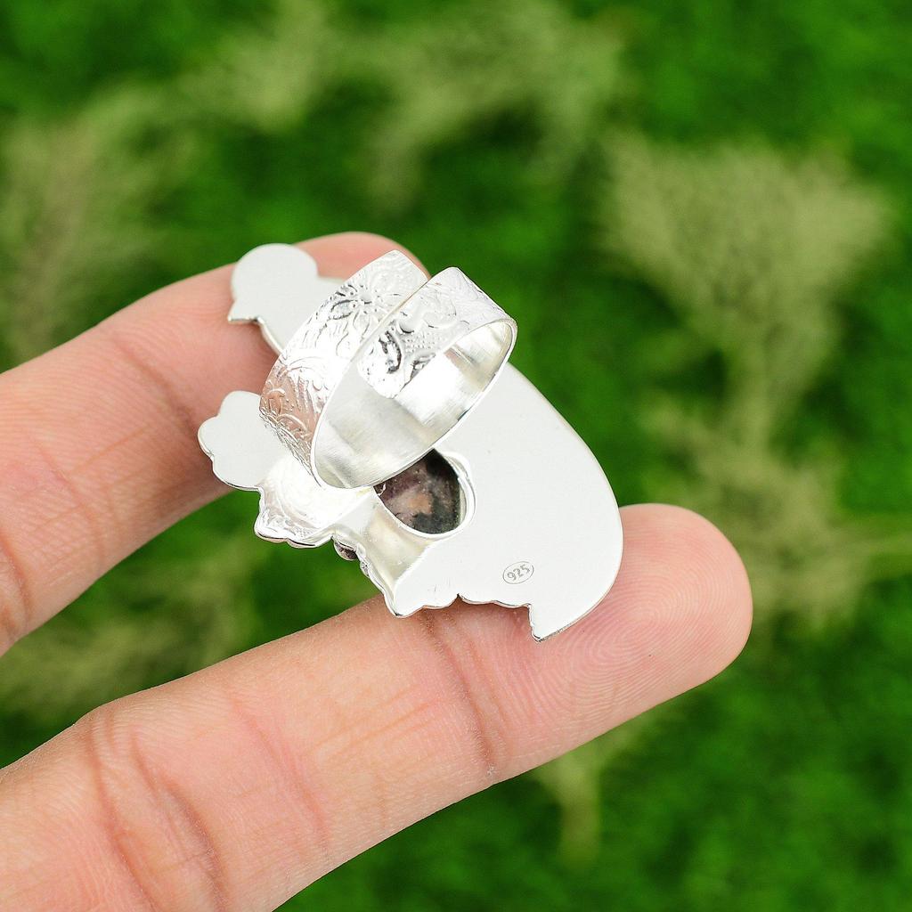 Natural Rhodonite Gemstone 925 Silver Promise Bird Adjustable Ring For Girls