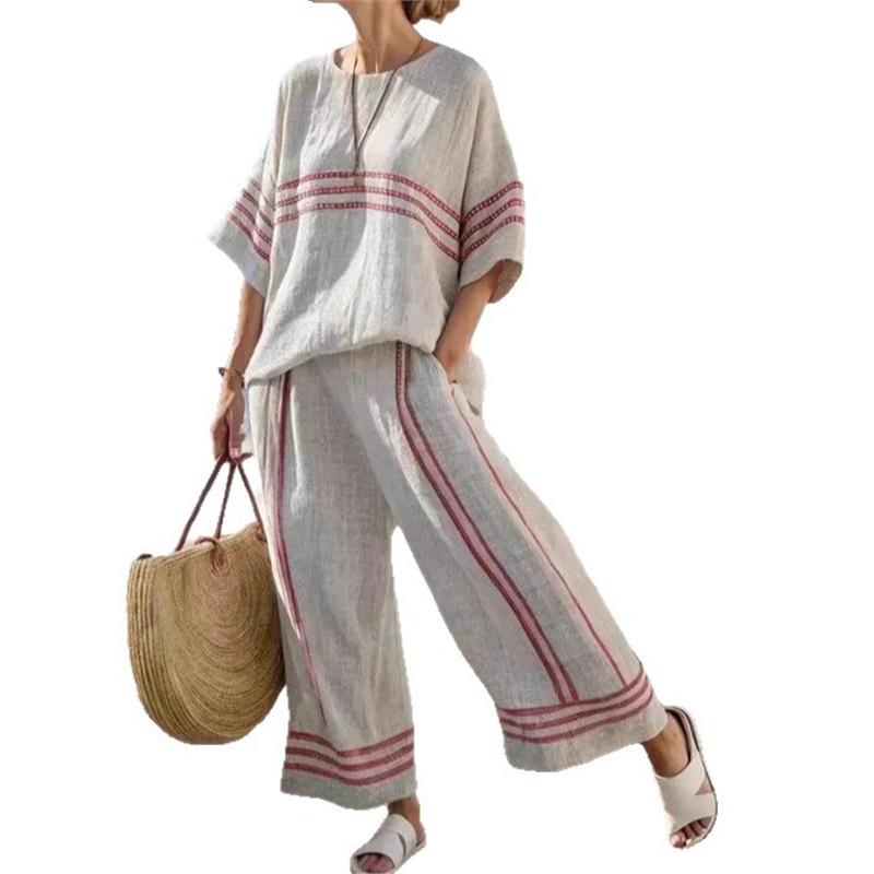 Y1 Short Sleeve Shirt Set Fashion Digital Printing Women's Loose Crew Neck Top High Waist Pants Two-piece Set
