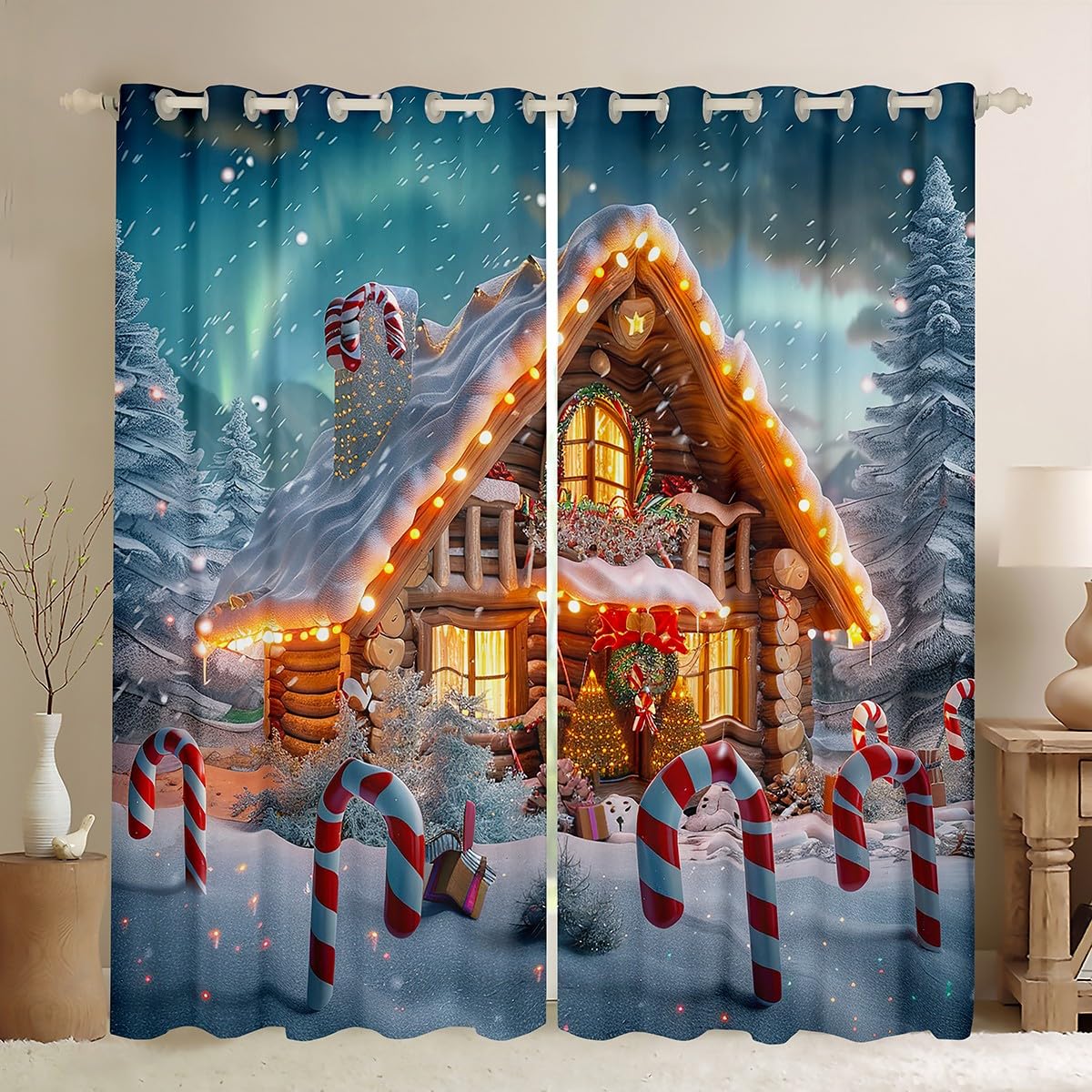 

Christmas Curtains Candy Print Window Living Room Bedroom Snowflake Curtain Drapes With Light Blocking Polyester Perfect For Sitting W100*H130(CM)-Grommet top&2PCS