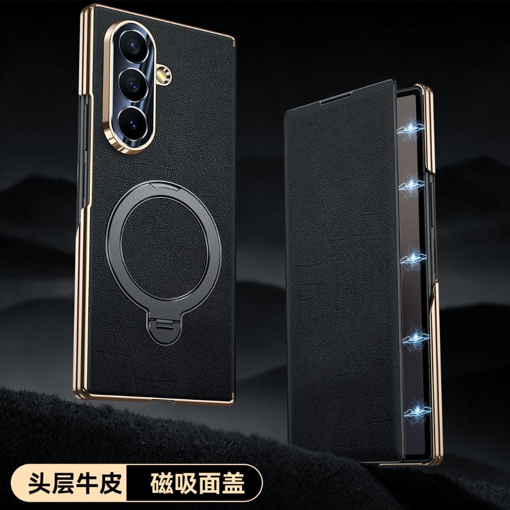 Genuine Leather Magnetic Phone Case for Samsung Galaxy Z Fold 7 Fold6 5 W26 W24 Smart Window Hinge Protection Bracket Flip Shell