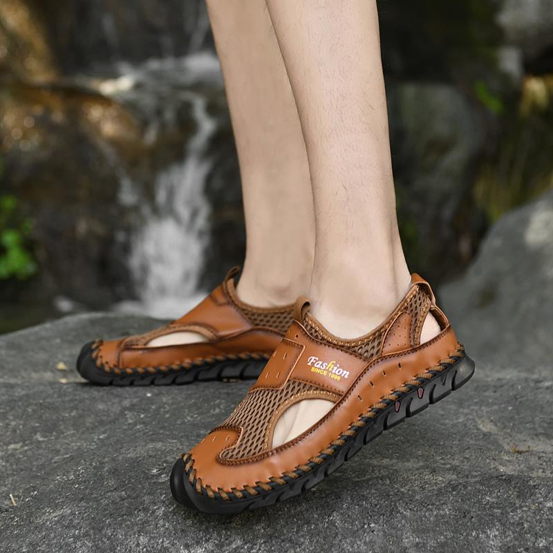 Men's plus size handmade mesh casual sandals summer new breathable non-slip beach shoes fashion British hollow comfort slippers