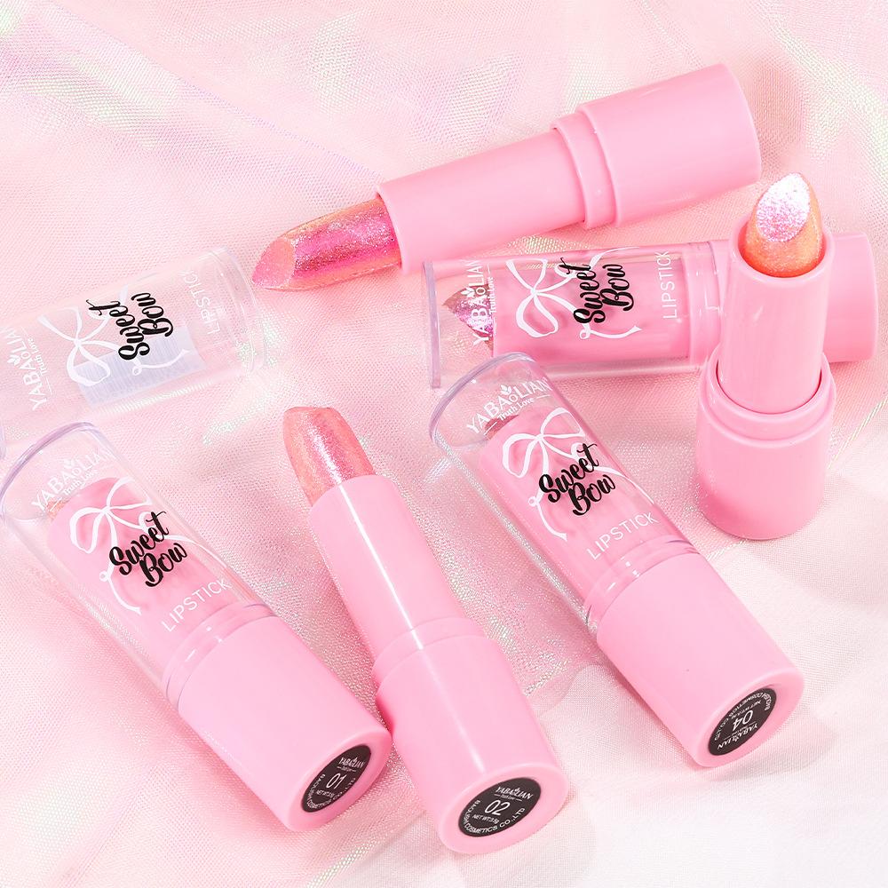 Bow Glitter Lipstick Bright Rose Pink Diamond Lipstick Mirror Pearlescent Shine Waterproof Long-Lasting Glossy Lip Tint Makeup