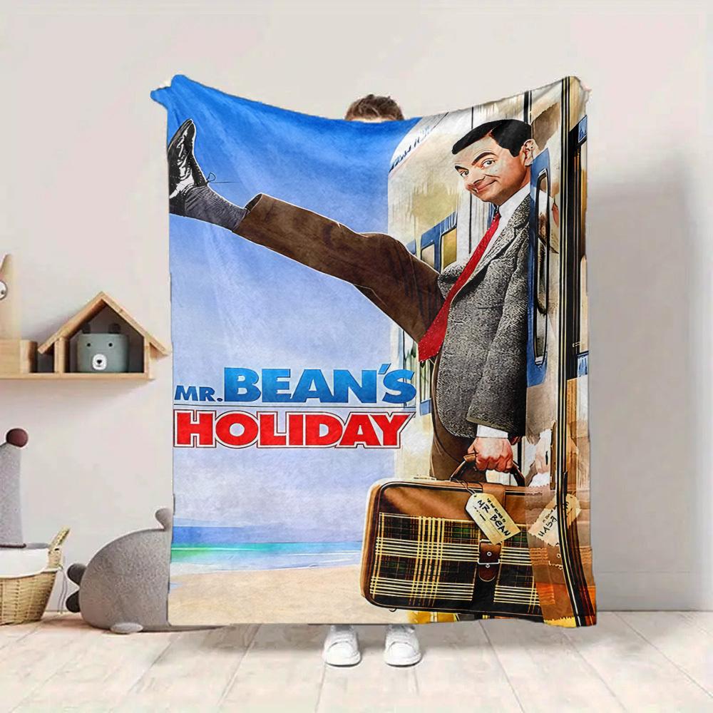 1pc Holiday Travel Bean Mr. Flannel Throw Blanket HD Printed Lightweight Soft Warm All Season Blanket for Sofa, Bed, Travel, Camping Machine Washable