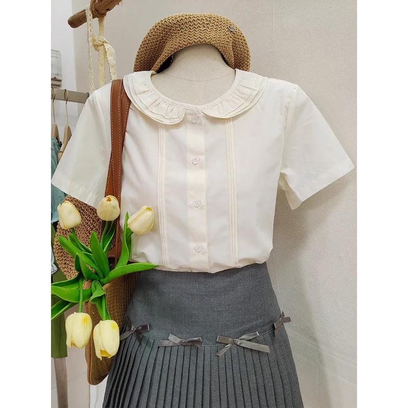 

Women White Peter Pan Collar Shirt Short Sleeve Pleated Casual Blouse S абрикосовый
