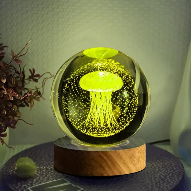 1pc 3D Laser Jellyfish Carved Glass Ball, Nightlight Decoration, Holiday Party, Boyfriend and Girlfriend Wife Birthday Gift