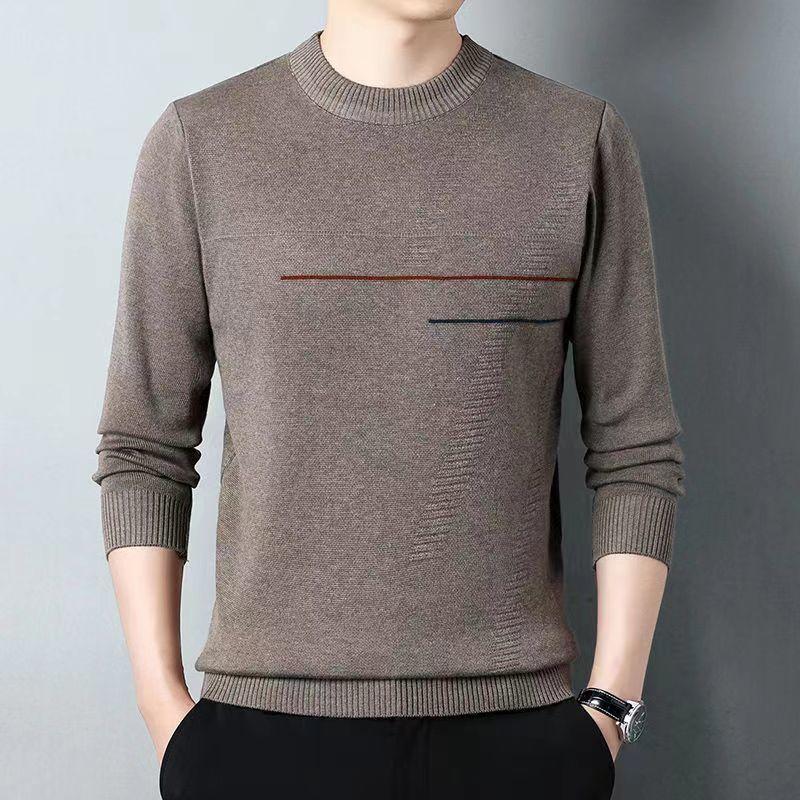 Korean High-end Autumn New Fleece Thickened Winter Warm Sweater Men's Solid Print O-neck Pullover Patchwork Knit Long Sleeve Top