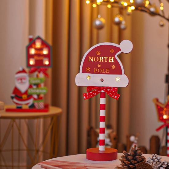 Christmas Street Sign Light with Bowknot Santa Stop Here North Pole Letter Vintage Reusable Xmas Holiday Decoration Desktop Guideboard LED Lamp