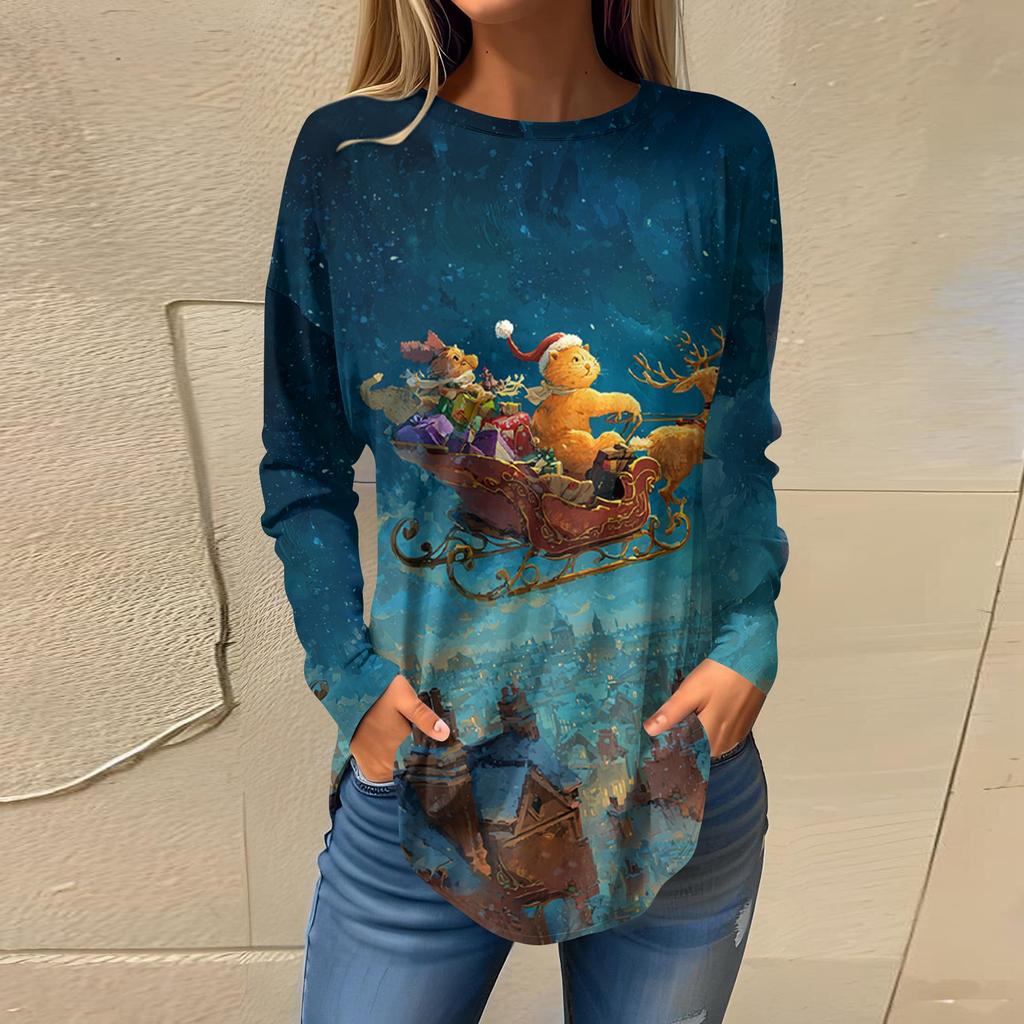 Tee Shirts For Women Casual Round Neck Long Sleeve Shirts Christmas Printing Top Pullover