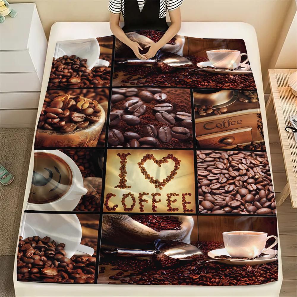 1Pc Coffee Print Flannel Blanket, High quality Comfortable for All Seasons, Home Decor, Warmth and Comfort, Perfect for Gifts