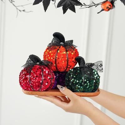Sequined Pumpkin Centerpiece Halloween Pumpkin Decoration Glittery Pumpkin with Bow Ornament for Fall Thanksgiving Home Tabletop Decor