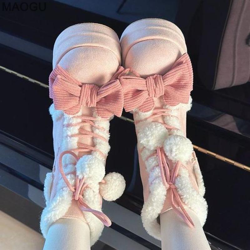 Lovely Plush Pink Lolita Platform Snow Boots Winter Thick Sole Warm Fur Short Boots Women's Height Increasing Shoes Size 35-39