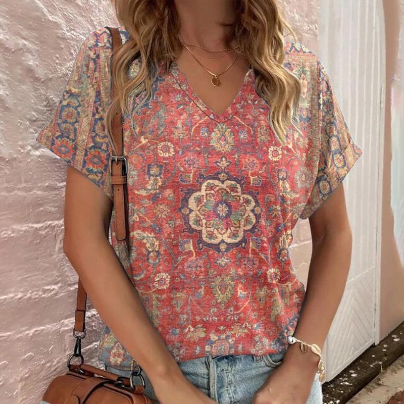 Casual Bohemian Print Women's Short Sleeve V-Neck Top T-Shirt