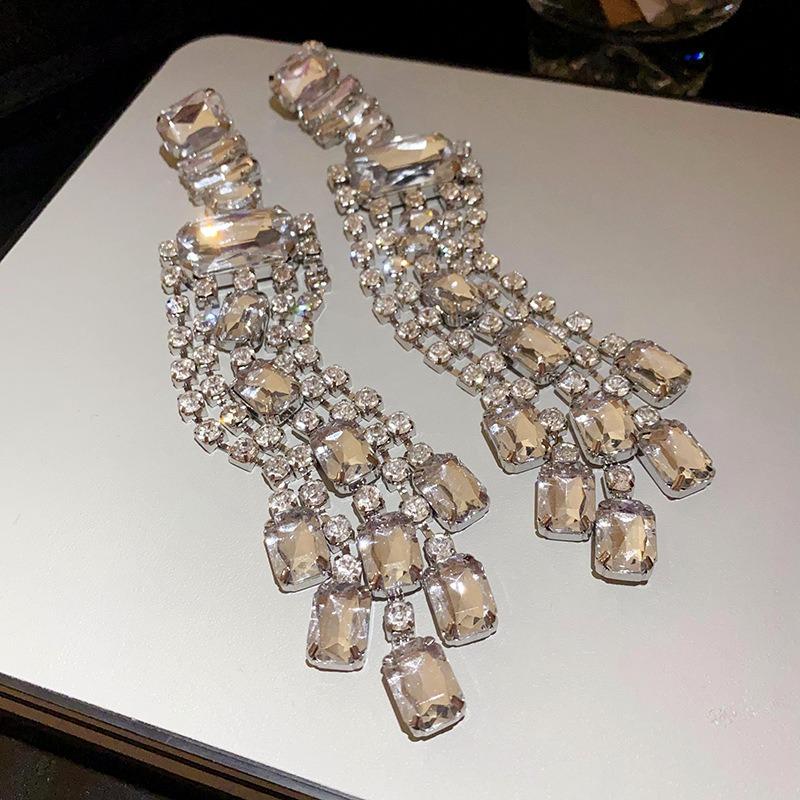 Silver Needle Diamond Flower Water Drop Tassel Earrings Exaggerated Earrings Light Luxury Premium Earrings Women