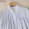 ZANZEA Women Casual Turn Down Collar Short Sleeve Lace Splice Stripe Blouse