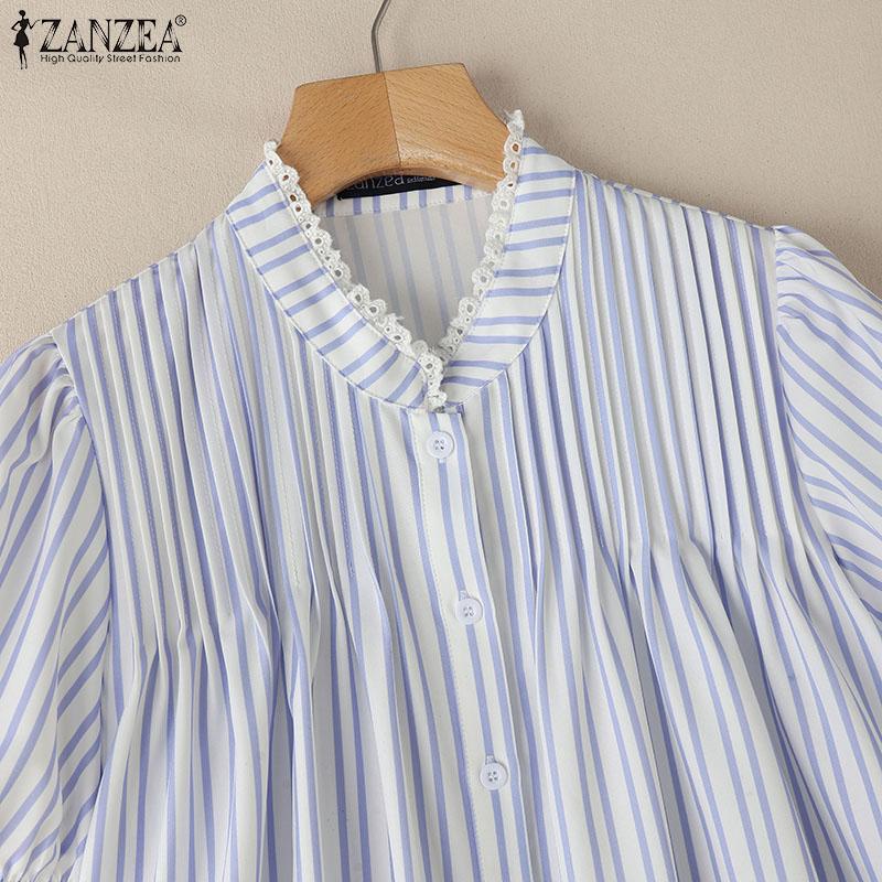 ZANZEA Women Casual Turn Down Collar Short Sleeve Lace Splice Stripe Blouse