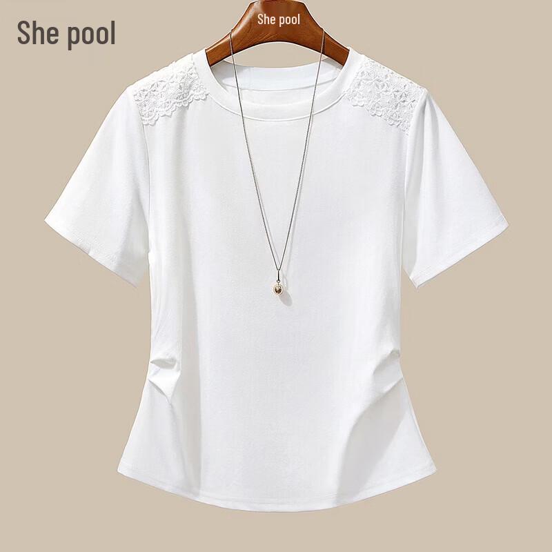 Women s Slim Fit Round Neck Pleated Short Sleeve T-Shirt L белый