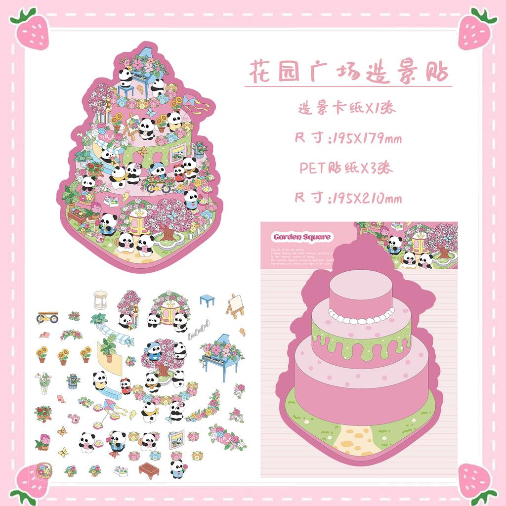 Cartoon Landscape Pink Panda Square Sticker Miniature World 3D Hut Unzip DIY Scene Manual