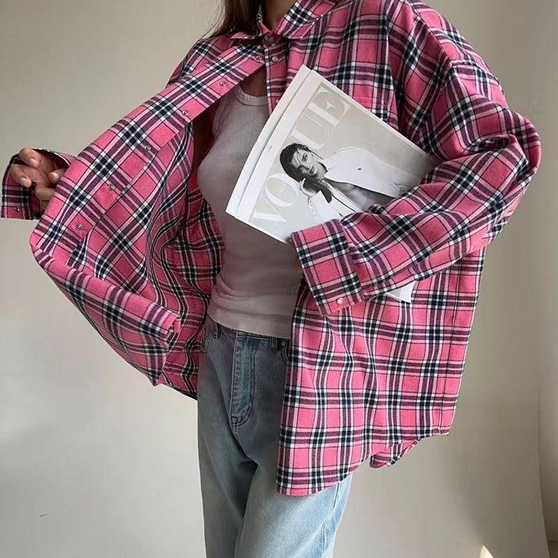 

European and American Leisure Plaid Lapel Loose Mid-Length Shirt Checkered Loose Fitting Shirt Pink M