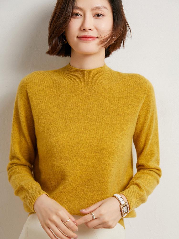 Women's Seamless Wool Sweater: Autumn/Winter Half-High Neck, Loose Fit, Knitted Base Layer