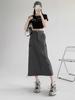 Cargo Midi Skirt Women Summer Slim High Waist Slit A-line Skirt Stitching Drawstring Female Streetwear Vintage Y2K Grey