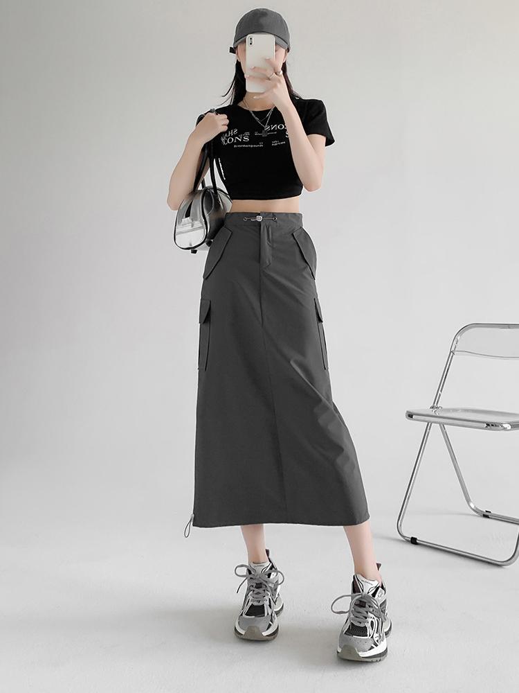 Cargo Midi Skirt Women Summer Slim High Waist Slit A-line Skirt Stitching Drawstring Female Streetwear Vintage Y2K Grey