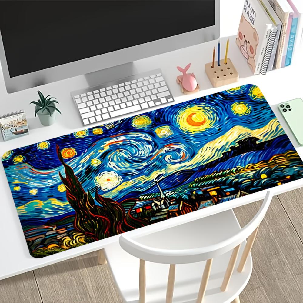 Van Gogh Starry Night Print Large Desk Mat Non Slip Gaming Mousepad Stitched Edge Art Keyboard Mat For Laptop Pc Office Game Use