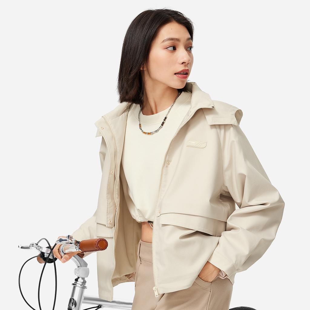 Li Ning Sports Trend Series Loose Hooded Solid Color Zipper Fleece Windbreaker Women Outerwear Oatmeal-Gray AFDUA84-1
