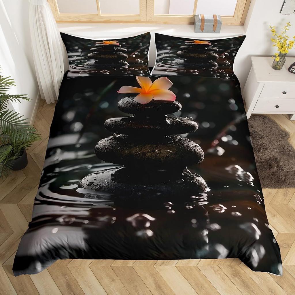 Comforter Minimalist Zen Stone Boho Comforter Purple Flowers Twin Bedding Setblack Stones Print Bed Set For Girls Woman