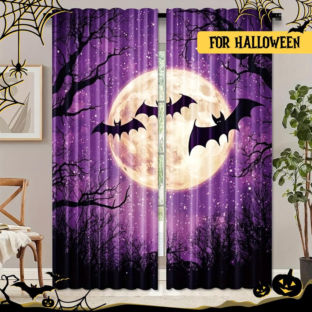 2Pcs Polyester Black Bat Dead Printing Window Curtains Birthday Party Decoration Backdrop Drapes for Living Room