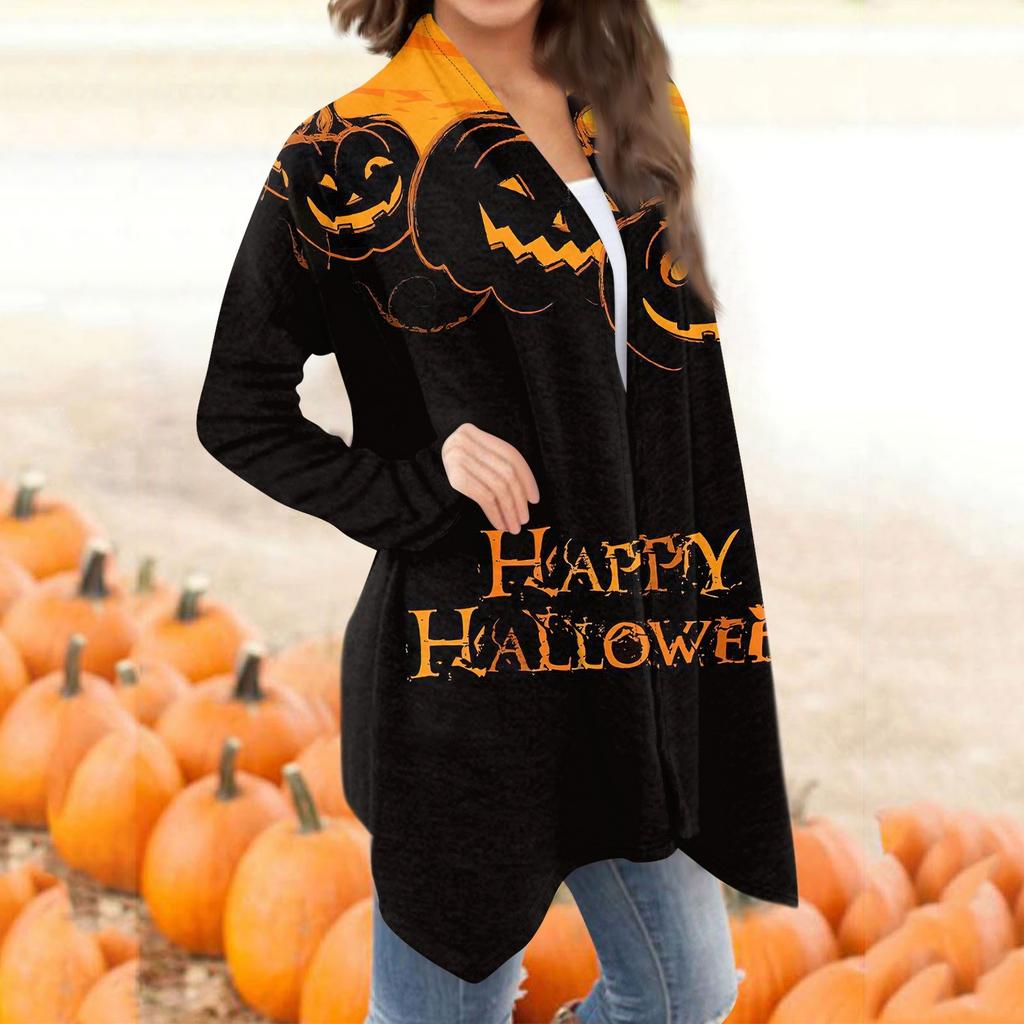 Moda damska Casual Halloweenowy nadruk średniej długości kardiganowy płaszcz